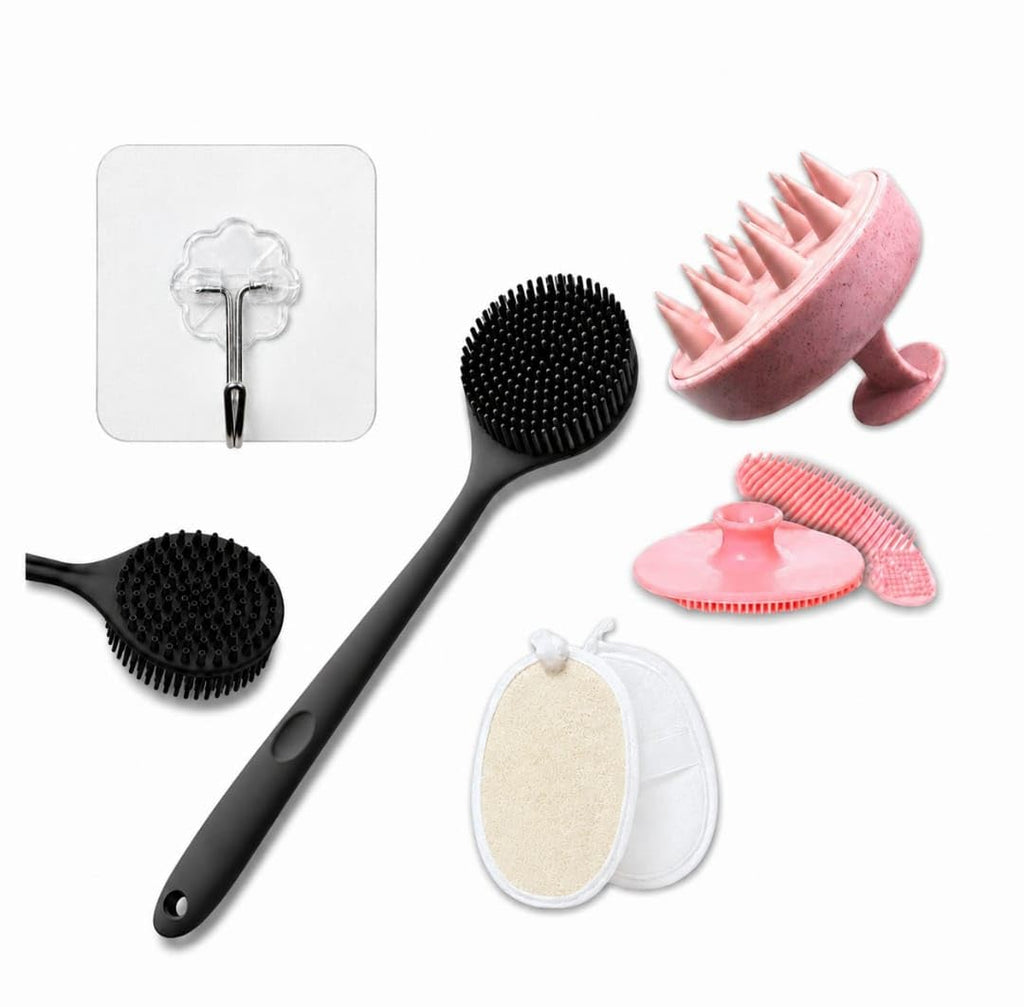 4-in-1 Bath Brush Set for Deep Cleaning | Long Handle Back Scrubber, Silicone Face Scrubber, Scalp Massager & Exfoliating Loofah | Removes Dead Skin & Helps Reduce Back Acne | BPA-Free | With 2 Hooks