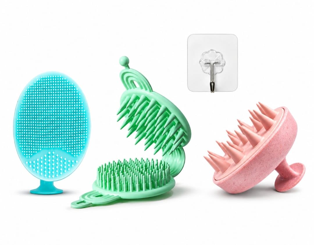 Scalp Massager Combo Pack of 3 – Silicone Shampoo Brush, Head Scalp Massager & Face Scrubber, Deep Cleaning & Gentle Exfoliating Brush for Men & Women
