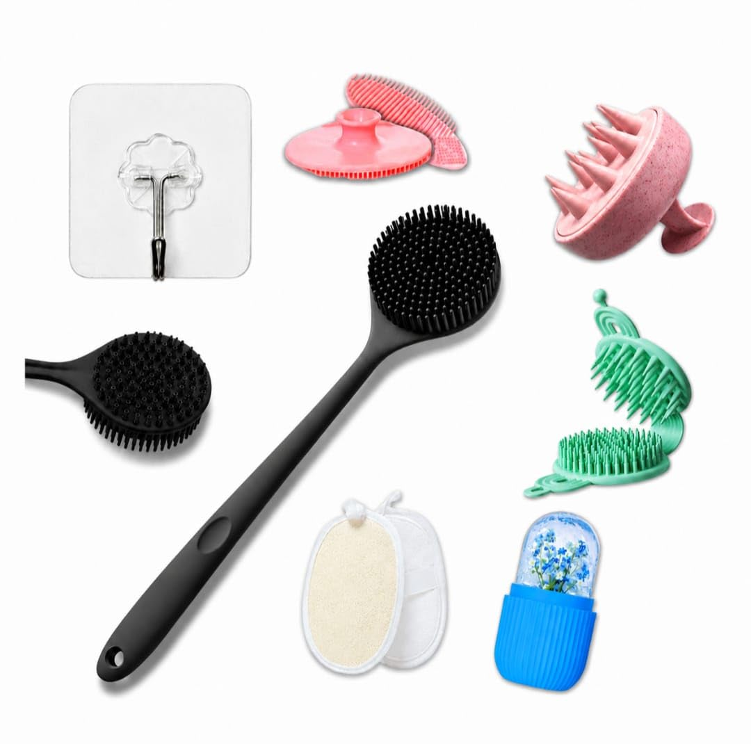 6-in-1 Soft Silicone Bath Brush Set | Long Handle Back Scrubber + Shampoo Scalp Scrubber + Silicone Face Scrubber + Ice Roller + Exfoliating Loofah | Super Exfoliating & Rich Lather Shower Brush | BPA-Free | For Men & Women | With 3 Hooks