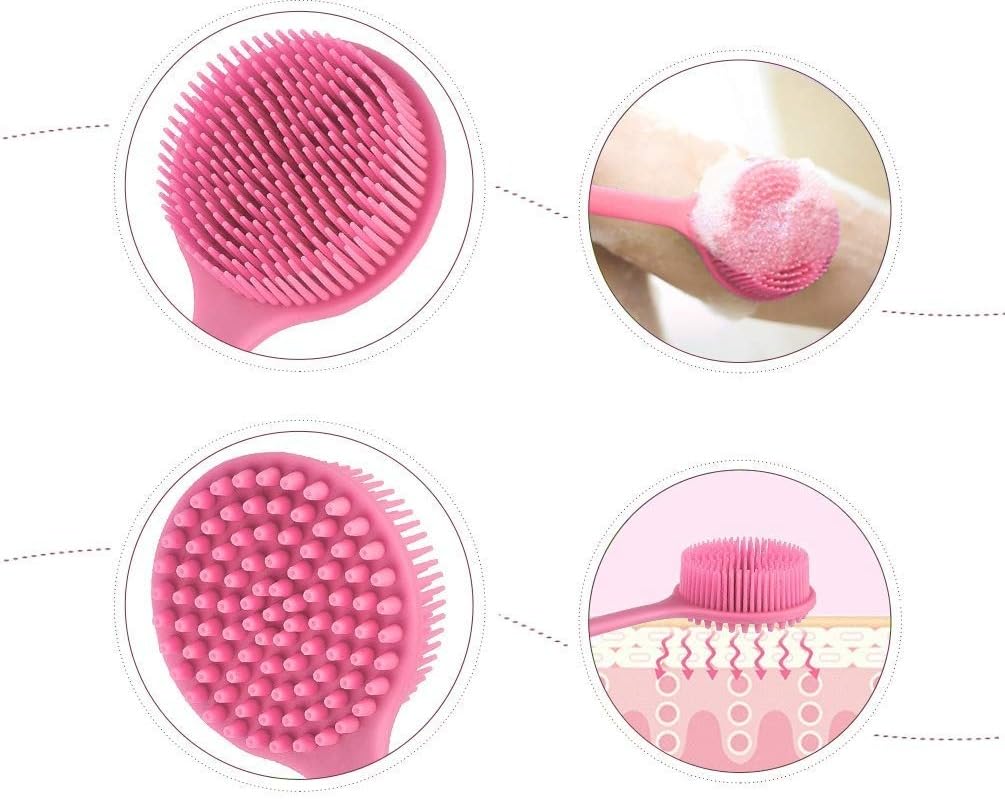 4-in-1 Bath Brush Set for Deep Cleaning | Long Handle Back Scrubber, Silicone Face Scrubber, Scalp Massager & Exfoliating Loofah | Removes Dead Skin & Helps Reduce Back Acne | BPA-Free | With 2 Hooks
