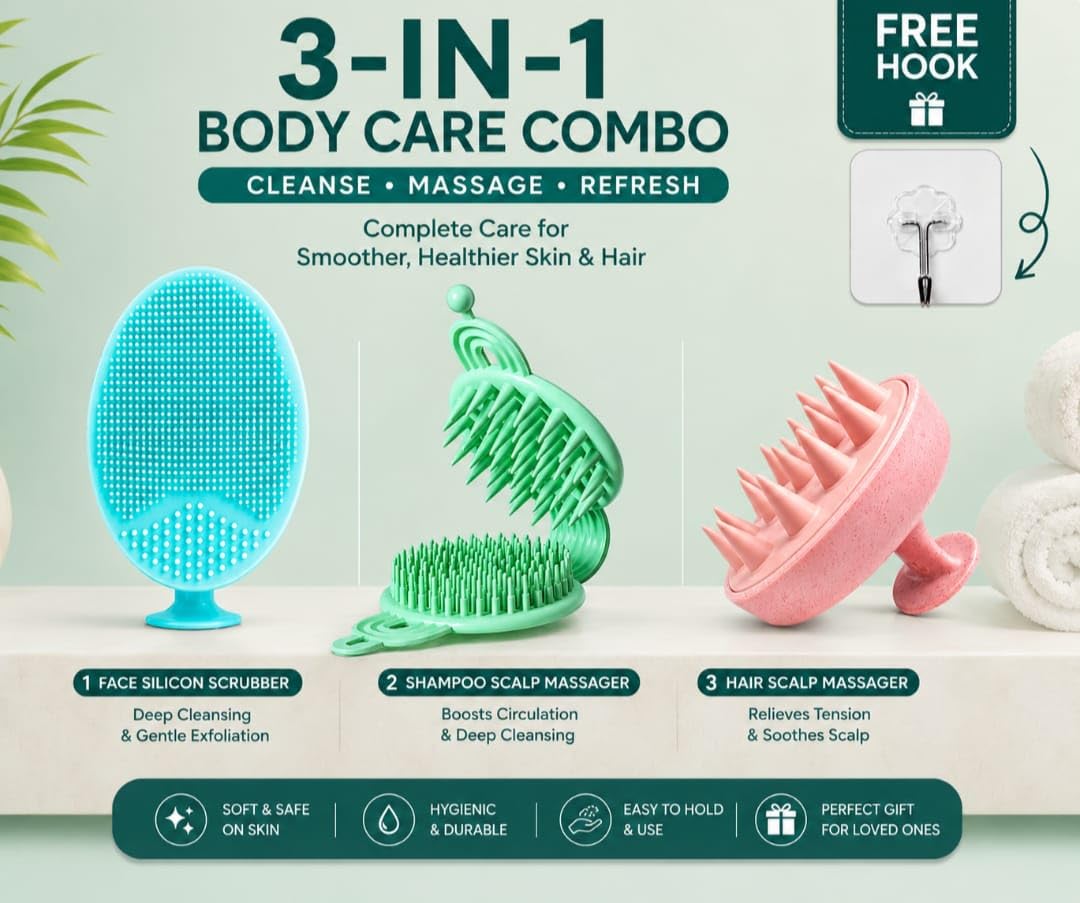 Scalp Massager Combo Pack of 3 – Silicone Shampoo Brush, Head Scalp Massager & Face Scrubber, Deep Cleaning & Gentle Exfoliating Brush for Men & Women
