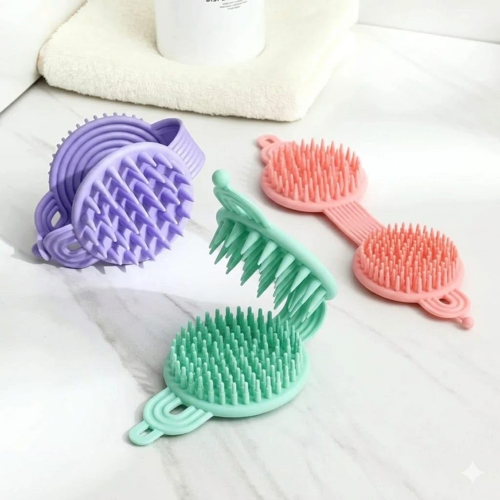2-in-1 Double-Sided Silicone Shampoo & Body Brush with Soft Bristles – Handheld Scalp Massager and Bath Scrubber, Gentle Exfoliating Brush with Hanging Handle for Men, Women, Kids (Multicolour) (pack of 1)