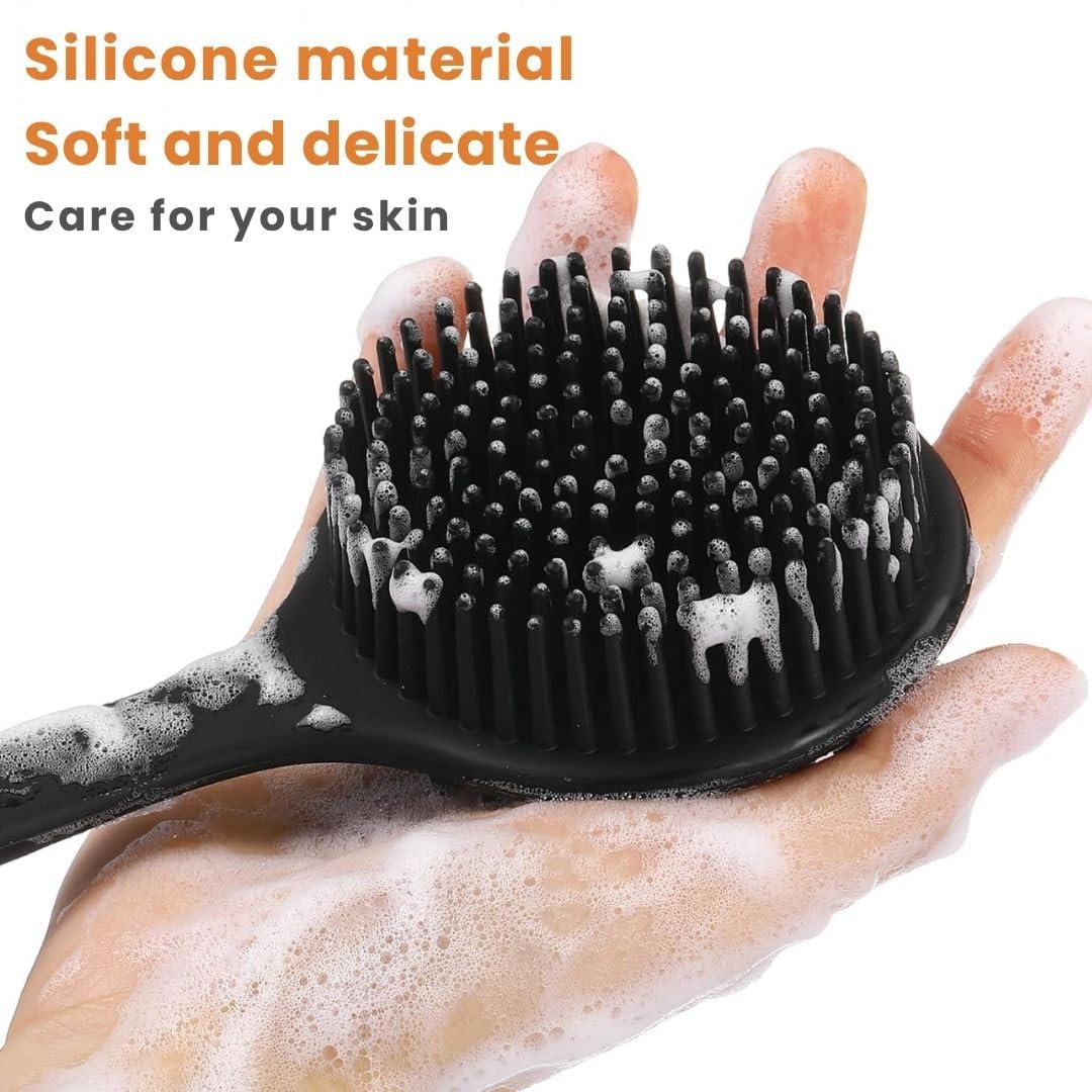 Soft Silicone Back Scrubber with Long Handle for Shower & Bath | Flexible Exfoliating Brush with Gentle Bristles for Smooth Skin | Body Scrubber for Men, Women & Boys | Ideal for Body Wash & Bathing (Multicolor, Pack of 1)