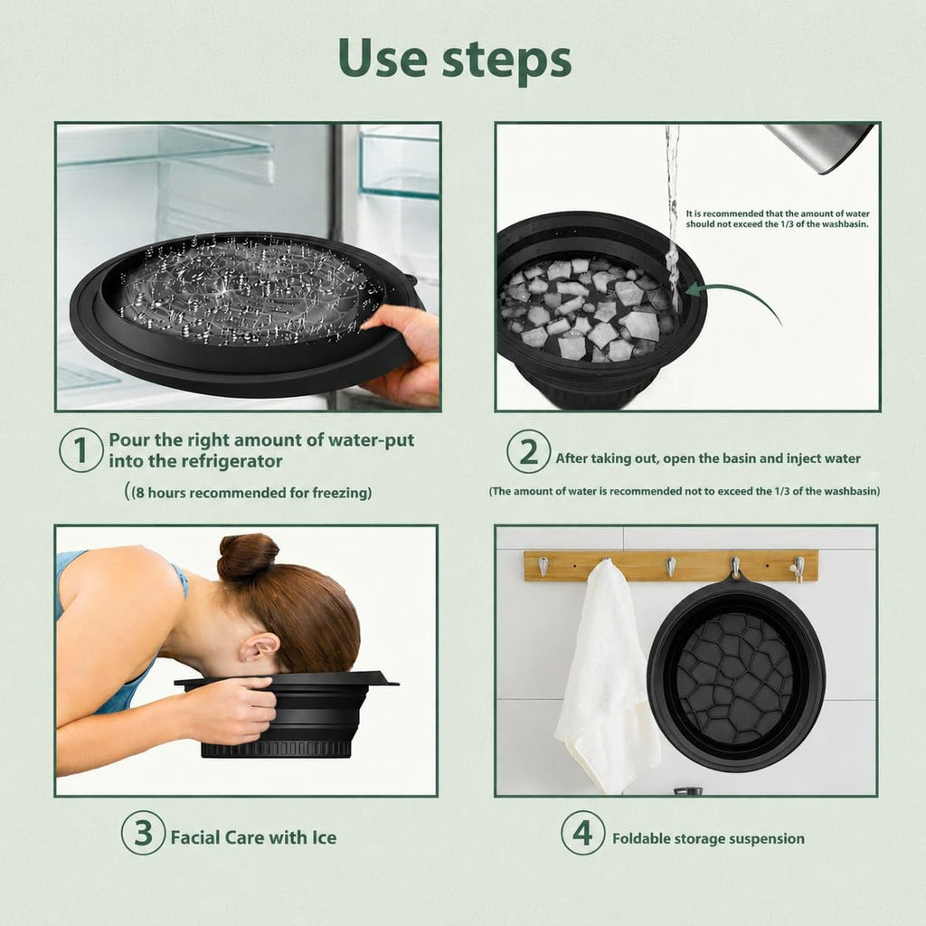Ice Face Bowl Silicone Face Ice Bowl for Ice with Built-in Ice Tray Collapsible Face Tub for Ice Bath, Facial Ice Plunge Bowl Ice Water Facials at Home Women & Men (Black)
