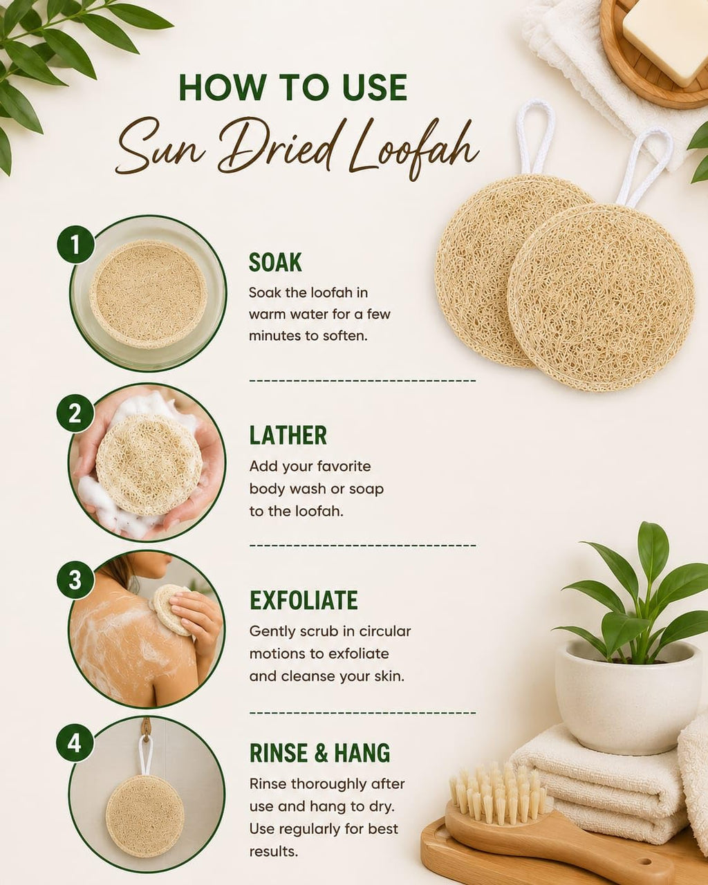 100% Natural Sun-Dried Loofah, Organic Exfoliating Bath Sponge & Body Scrubber for Men & Women, Deep Cleansing Luffa for Shower, Skincare & Body Care, Eco-Friendly & Biodegradable (Pack of 2) (CIRCLE)