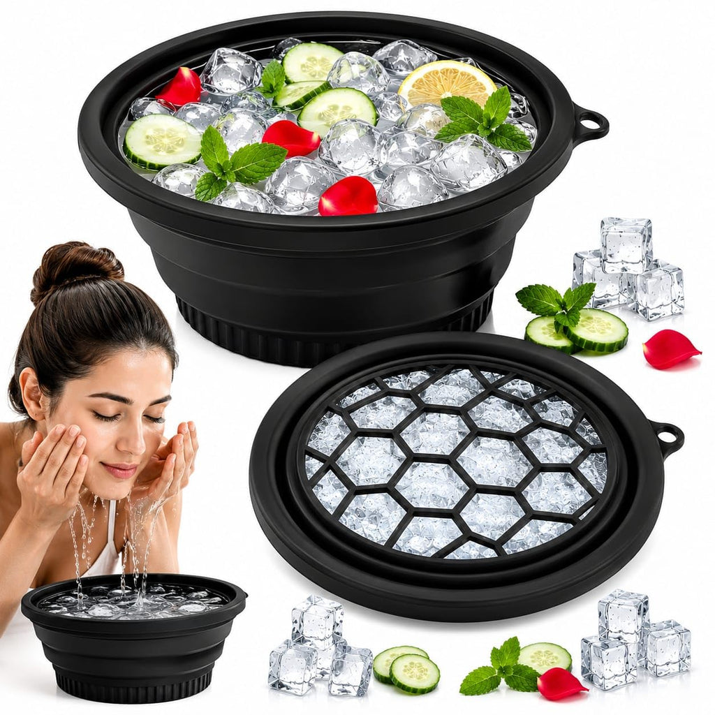 Ice Face Bowl Silicone Face Ice Bowl for Ice with Built-in Ice Tray Collapsible Face Tub for Ice Bath, Facial Ice Plunge Bowl Ice Water Facials at Home Women & Men (Black)