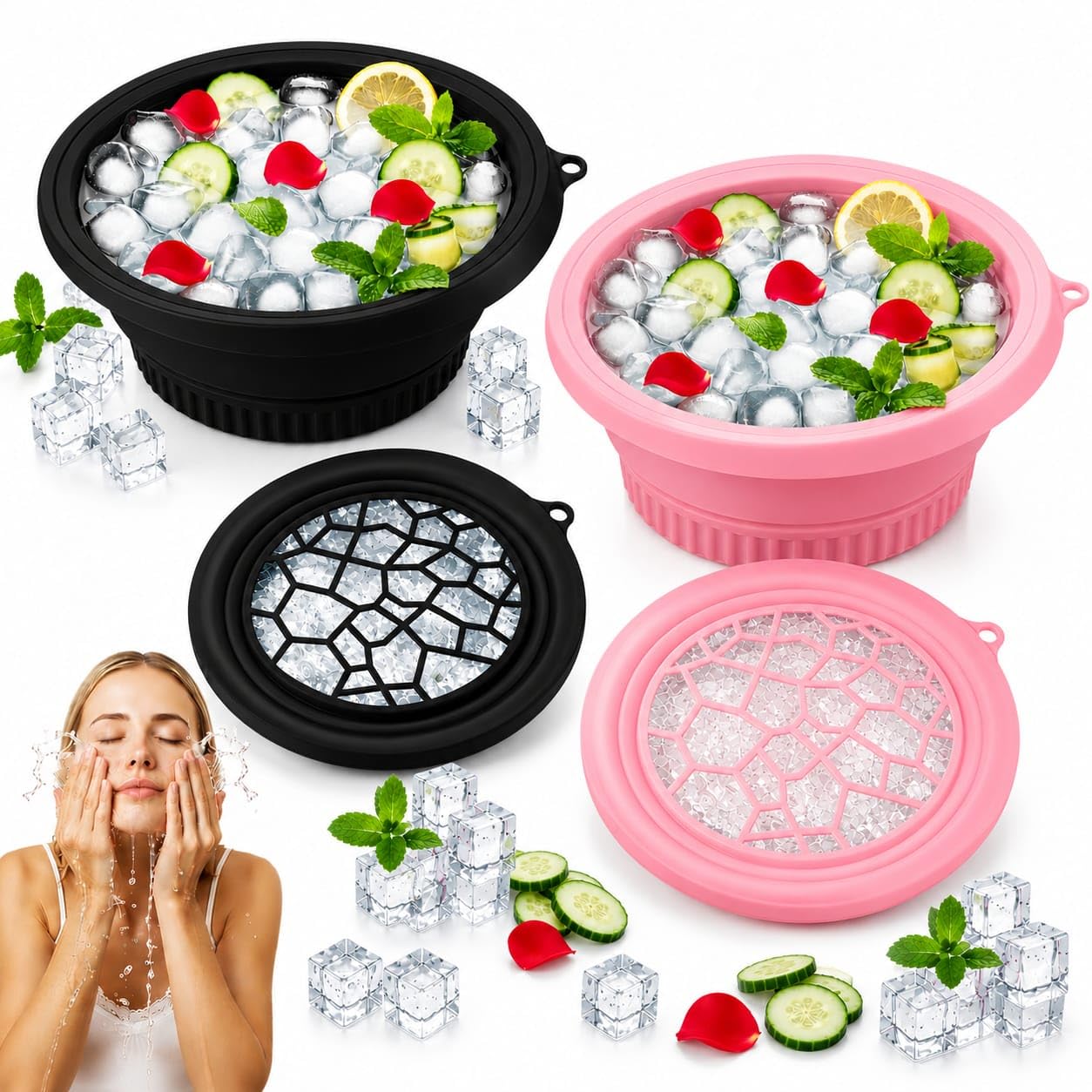 Ice Face Bowl Silicone Face Ice Bowl for Ice with Built-in Ice Tray Collapsible Face Tub for Ice Bath, Facial Ice Plunge Bowl Ice Water Facials at Home Women & Men (Black)