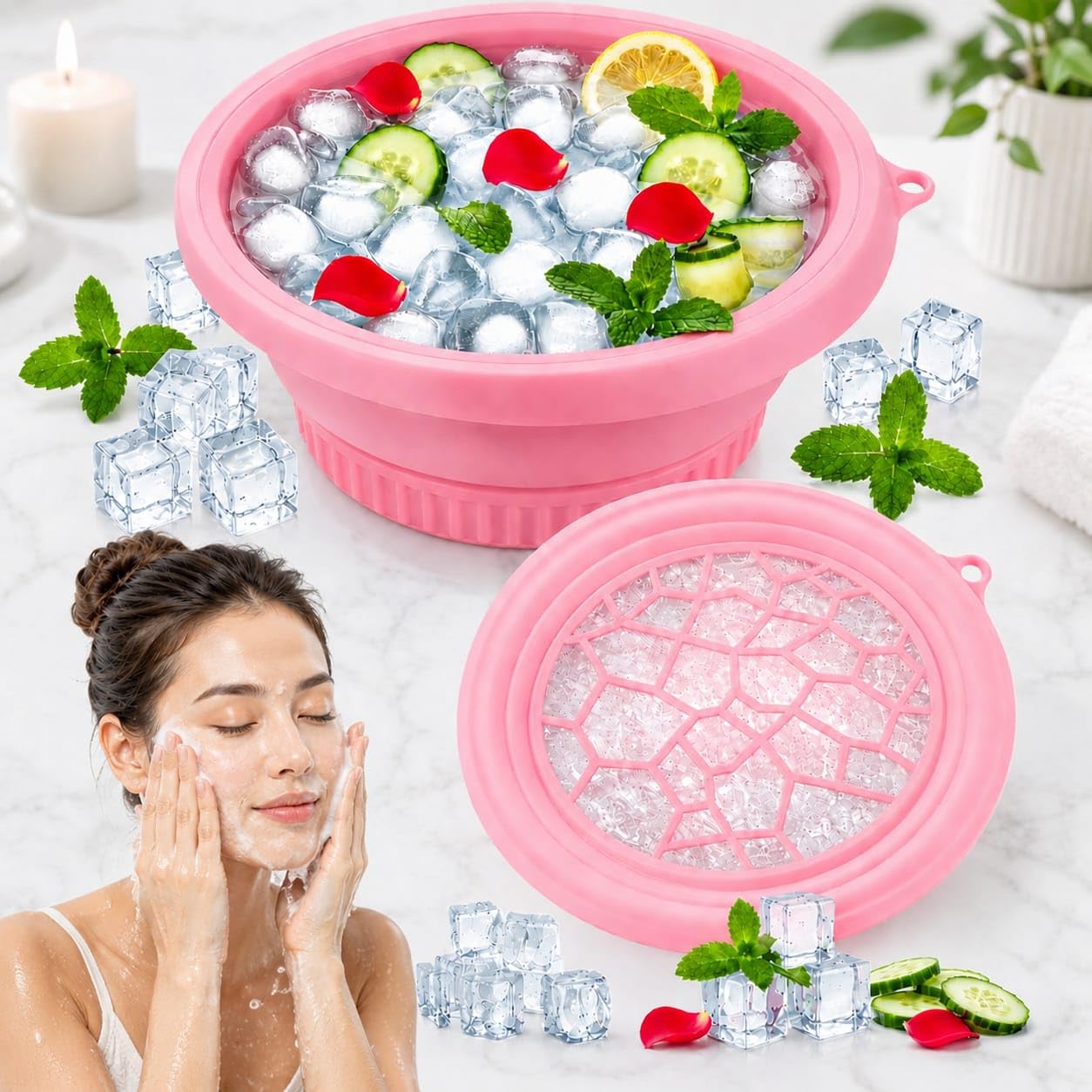 Ice Face Bowl Silicone Face Ice Bowl for Ice with Built-in Ice Tray Collapsible Face Tub for Ice Bath, Facial Ice Plunge Bowl Ice Water Facials at Home Women & Men (Black)