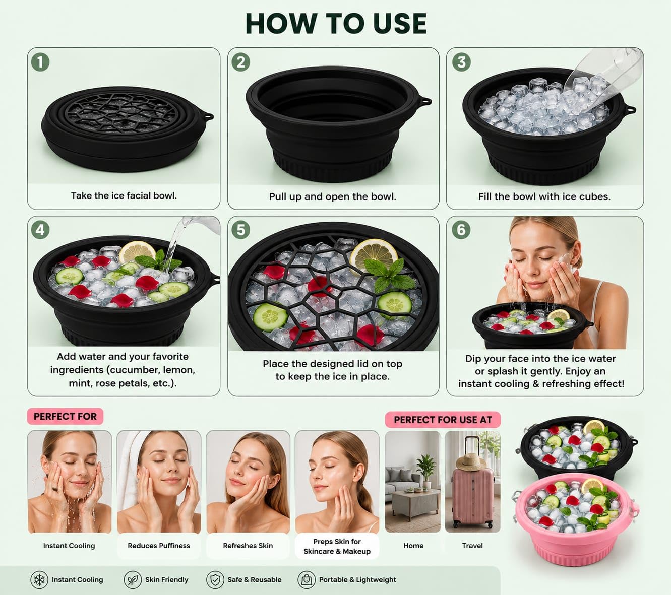 Ice Face Bowl Silicone Face Ice Bowl for Ice with Built-in Ice Tray Collapsible Face Tub for Ice Bath, Facial Ice Plunge Bowl Ice Water Facials at Home Women & Men (Black)